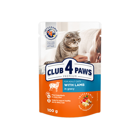 CLUB 4 PAWS PREMIUM "SOS İÇİNDE KUZU". YETİŞKİN KEDİLER İÇİN TAM KOSERVE MAMA