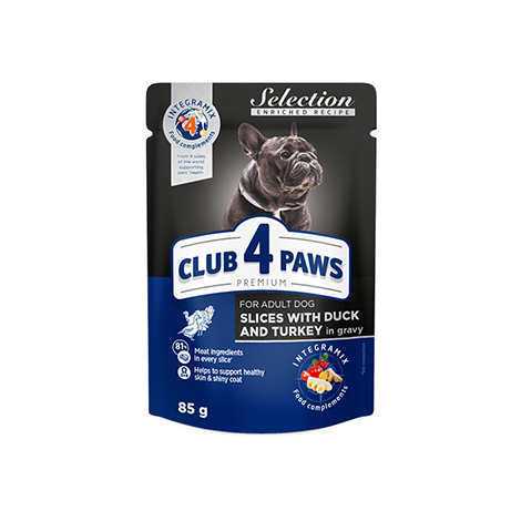 CLUB 4 PAWS PREMIUM SELECTION "SOS İÇİNDE ÖRDEK VE HİNDİ PARÇALARI". KÜÇÜK IRK YETİŞKİN KÖPEKLER İÇİN TAM KONSERVE MAMA