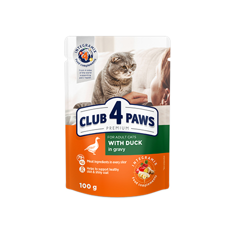 CLUB 4 PAWS PREMIUM "SOS İÇİNDE ÖRDEK ". YETİŞKİN KEDİLER İÇİN TAM KONSERVE MAMA