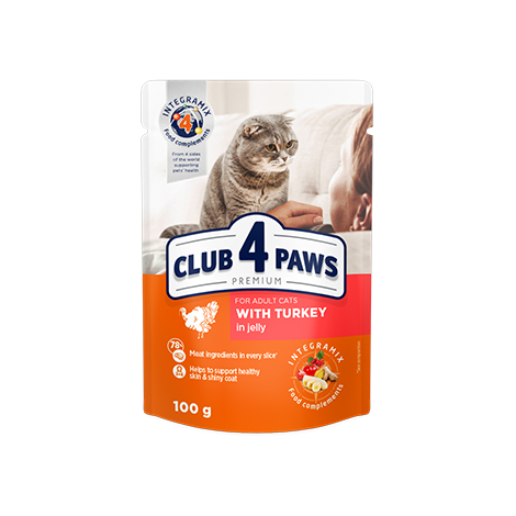 CLUB 4 PAWS PREMIUM "JÖLE İÇİNDE HİNDİ". YETİŞKİN KEDİLER İÇİN TAM KONSERVE MAMA 