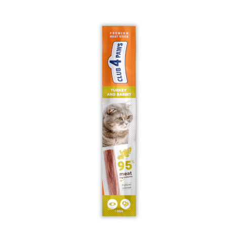 CLUB 4 PAWS PREMIUM MEATY STICK: HİNDİ VE TAVŞAN ETİNDEN OLUŞAN KEDİLER İÇİN TAMAMLAYICI MAMA.