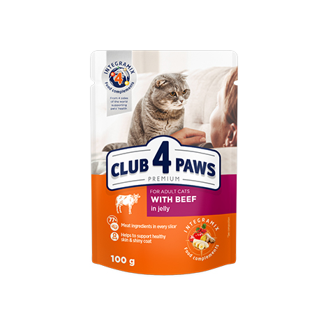 CLUB 4 PAWS PREMIUM " JÖLE İÇİNDE DANA". YETİŞKİN KEDİLER İÇİN TAM KONSERVE MAMA