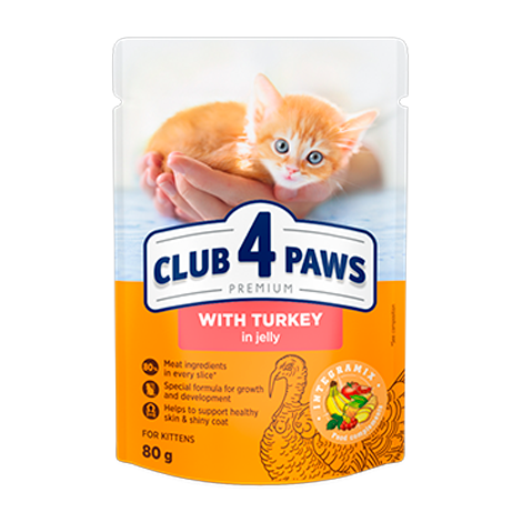 "JÖLE İÇİNDE HINDI" CLUB 4 PAWS PREMIUM. YAVRU KEDİLER İÇİN TAM KOSERVE MAMA