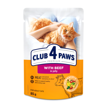 CLUB 4 PAWS PREMIUM " JÖLE İÇİNDE DANA". YETİŞKİN KEDİLER İÇİN TAM KONSERVE MAMA