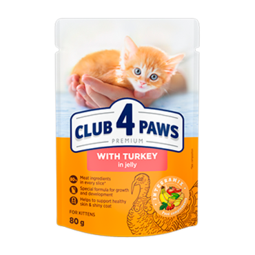 "JÖLE İÇİNDE HINDI" CLUB 4 PAWS PREMIUM. YAVRU KEDİLER İÇİN TAM KOSERVE MAMA
